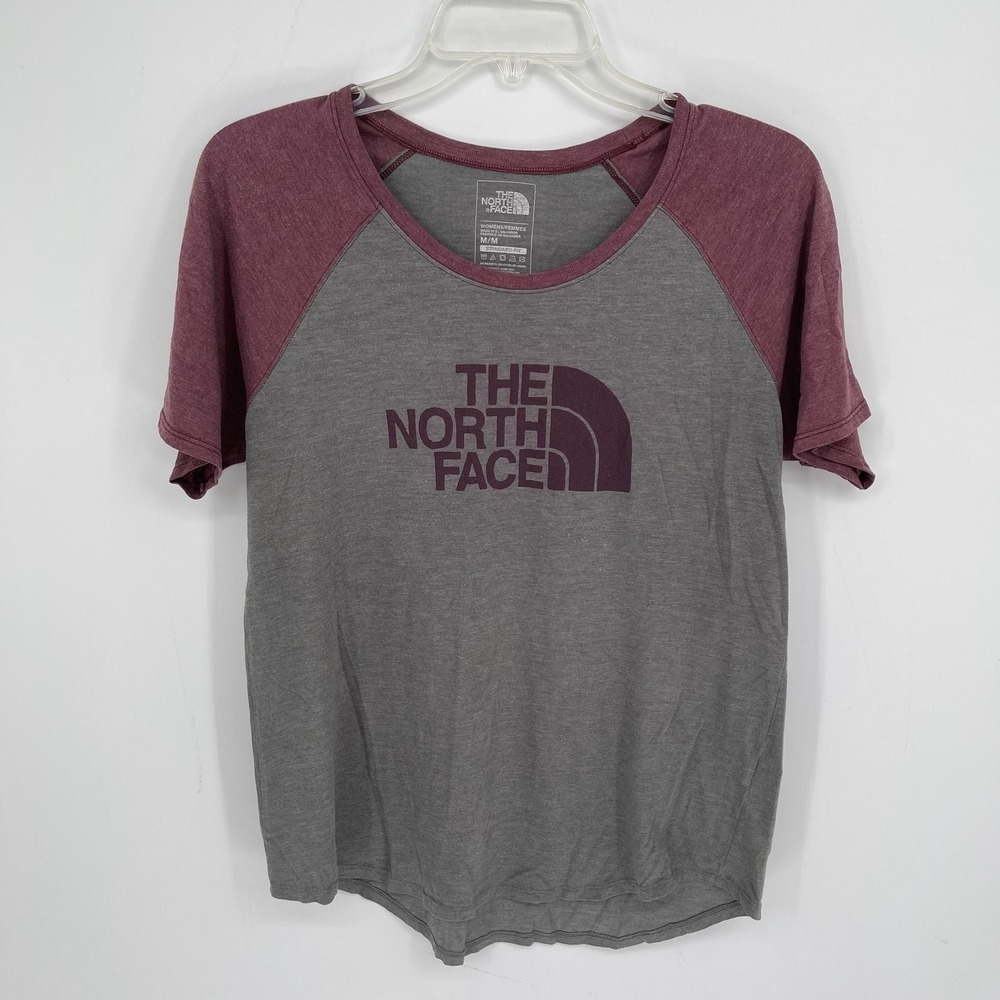 The North Face Women's Gray Burgundy Raglan Sleeve Logo Graphic T-Shirt Size M - Picture 1 of 3
